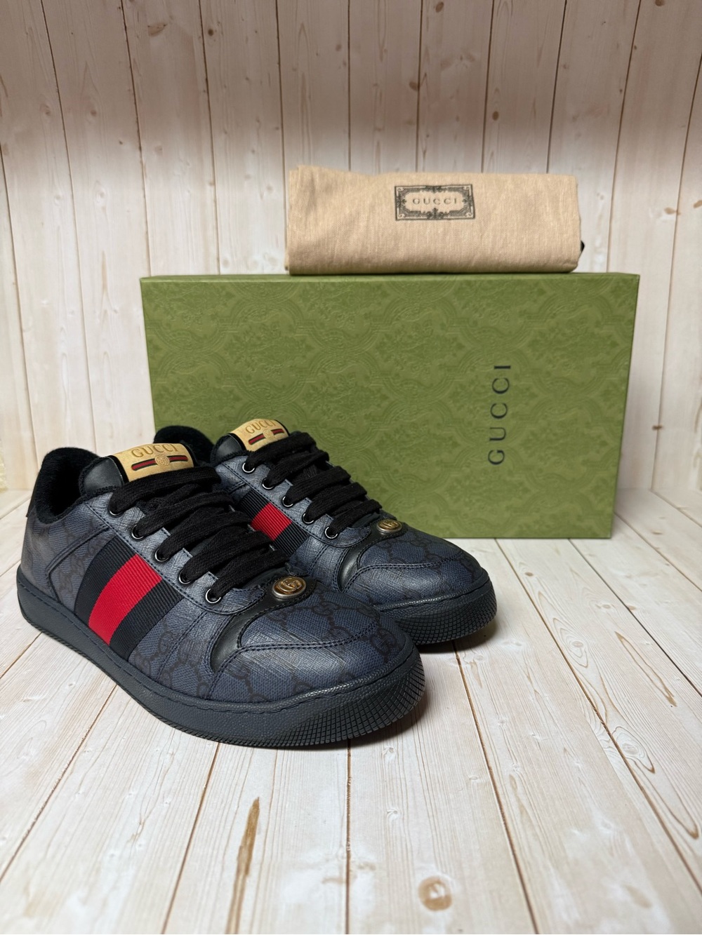 Gucci GG Monogram Screener Lace Up Sneaker Blue/Dark Blue Sz 6G / 6.5US